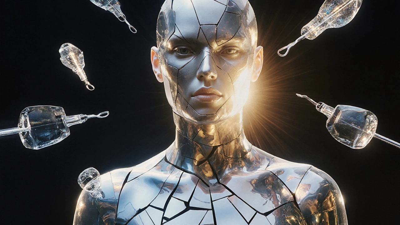 A human figure composed of mirrored fragments, each reflecting a different phase of transformation, with surgical tools as glass sculptures nearby.