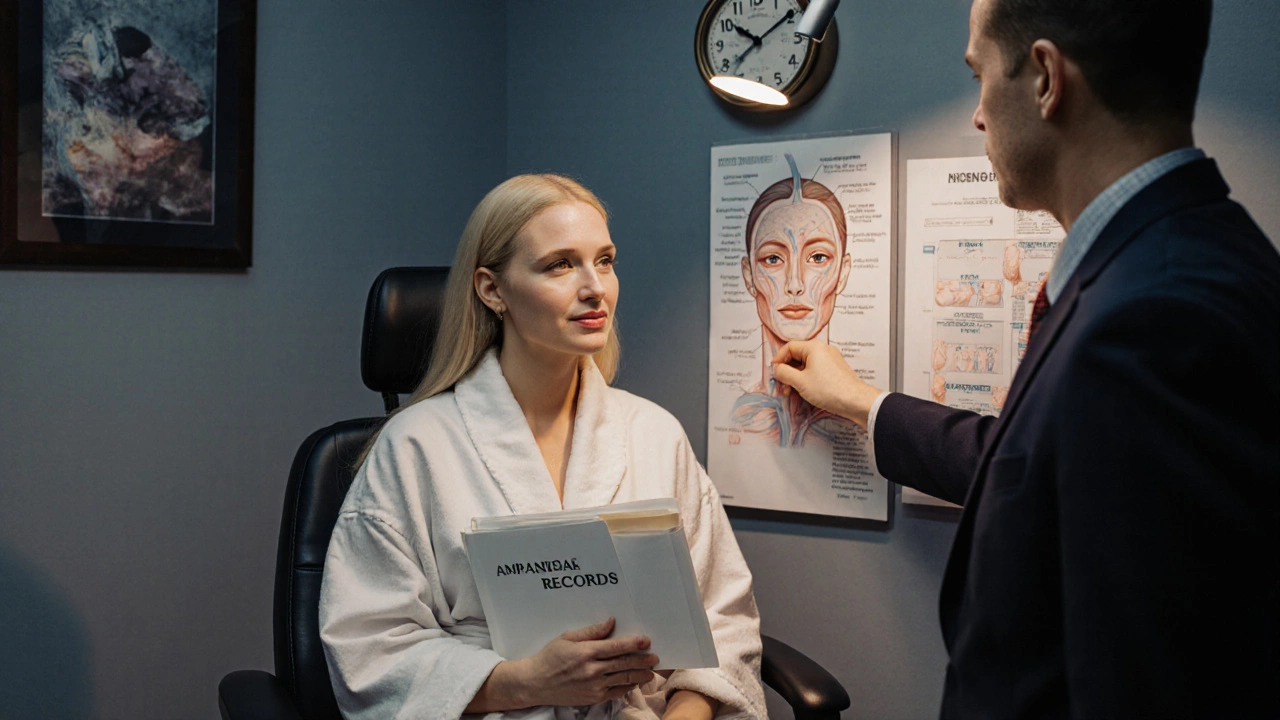 Amanda Lepore in a surgeon's office reviewing medical records with a doctor, surrounded by clinical documents and diagrams.