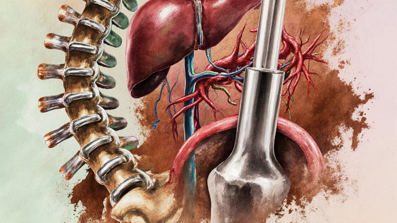Artistic collage showing spinal fusion, liver transplant, and hip replacement surgeries.