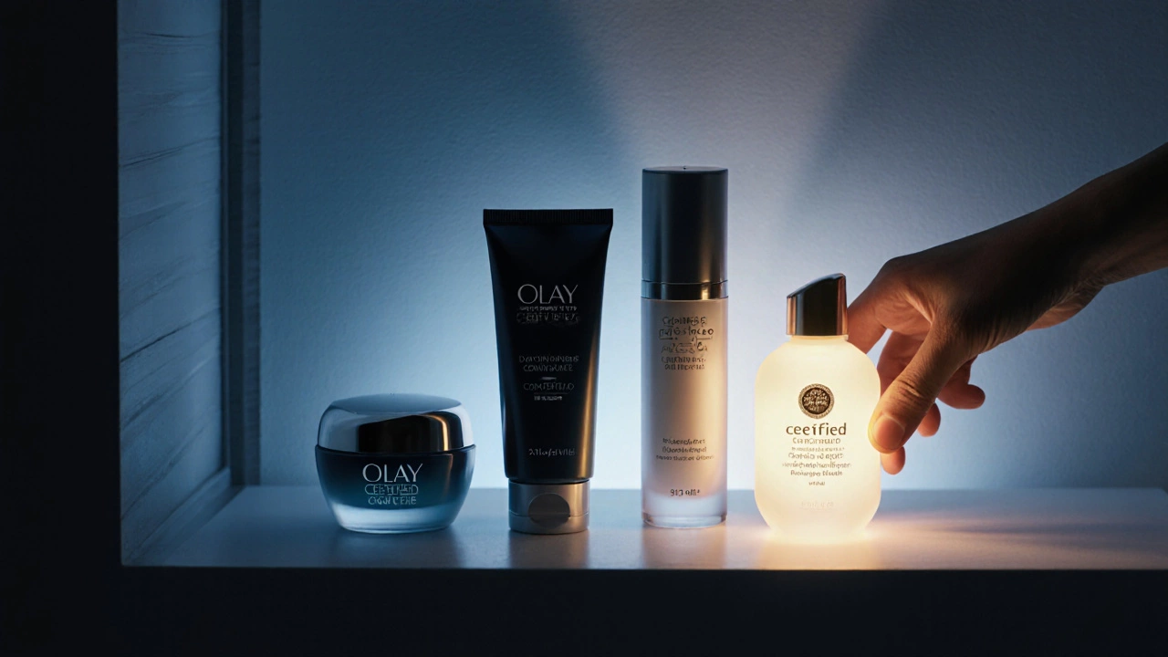 Bathroom shelf with Olay product beside glowing cruelty‑free alternatives.