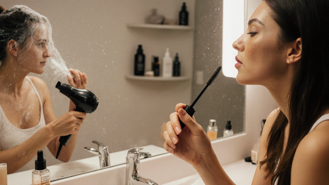Beauty routine close‑ups: foundation brush, lipstick, mascara, cleanser, serum, shampoo, and perfume in a studio.