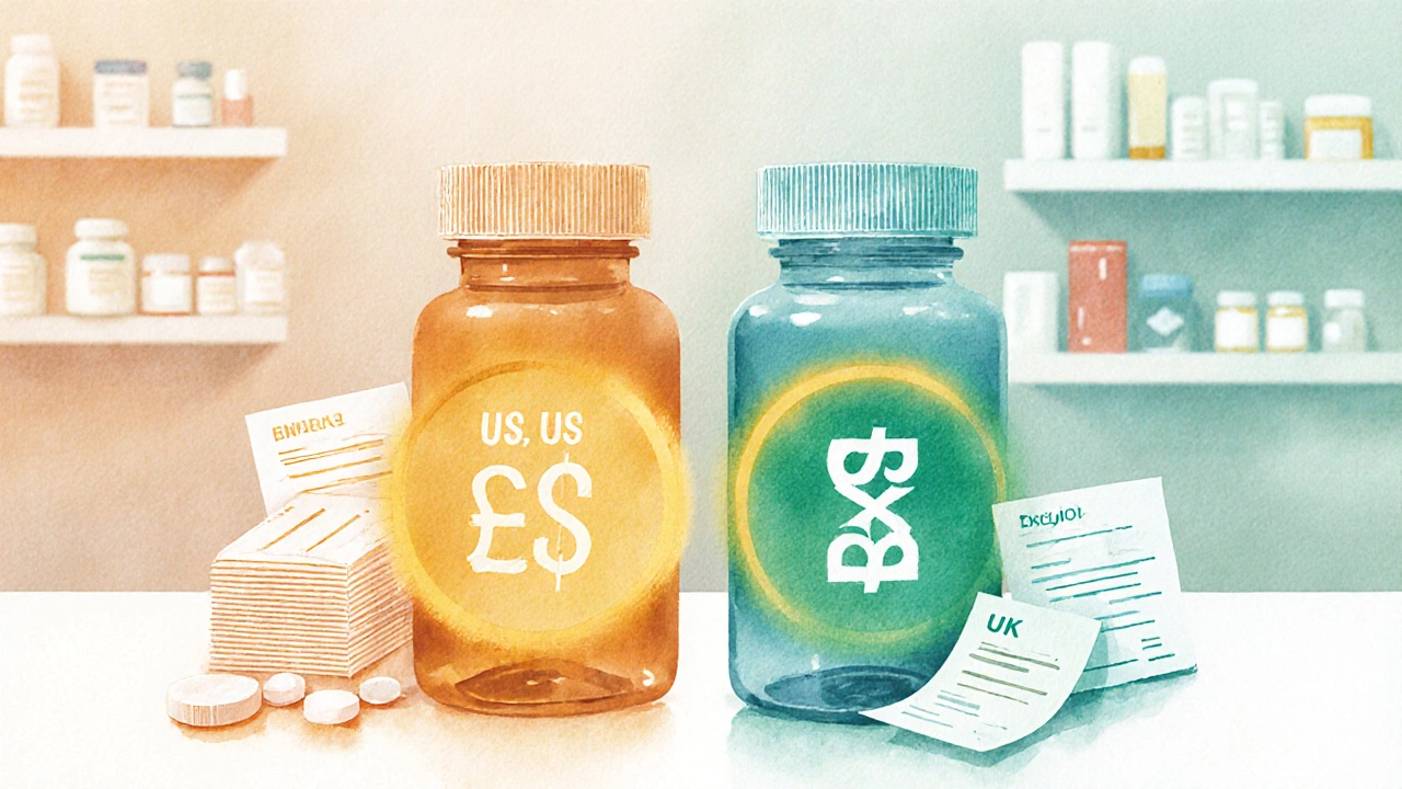 Close‑up of two pill bottles with contrasting price halos representing US and UK drug costs.