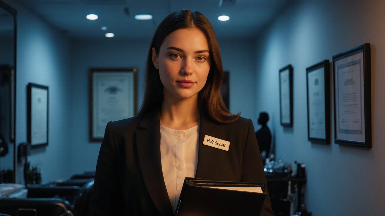 Confident woman holding a portfolio in a softly lit salon hallway.