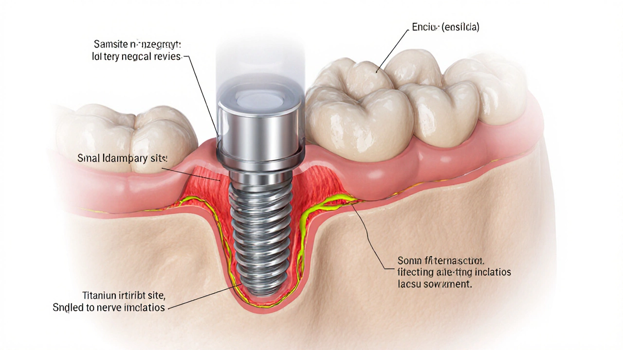 Cross‑sectional illustration of a lower jaw with an implant near the nerve and highlighted risk areas.