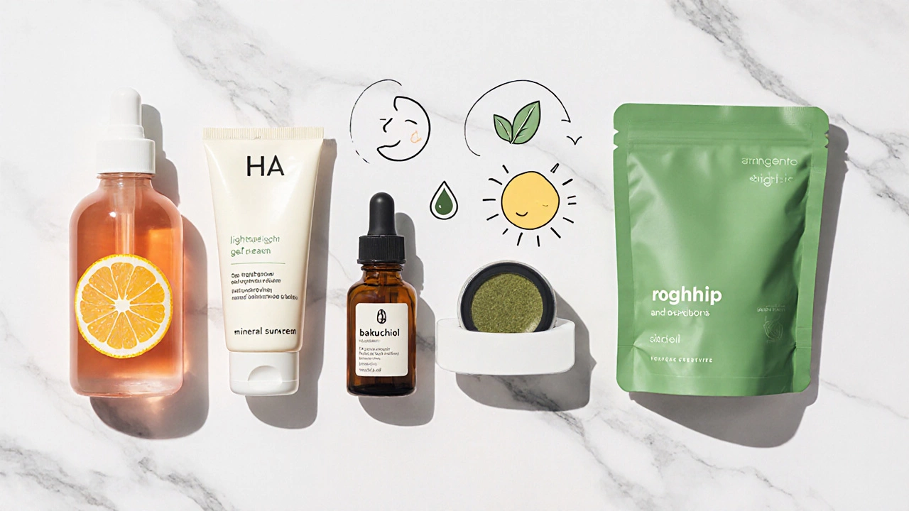 Flat‑lay of vitamin C serum, hyaluronic gel, sunscreen, bakuchiol, rosehip oil, and green tea mask.