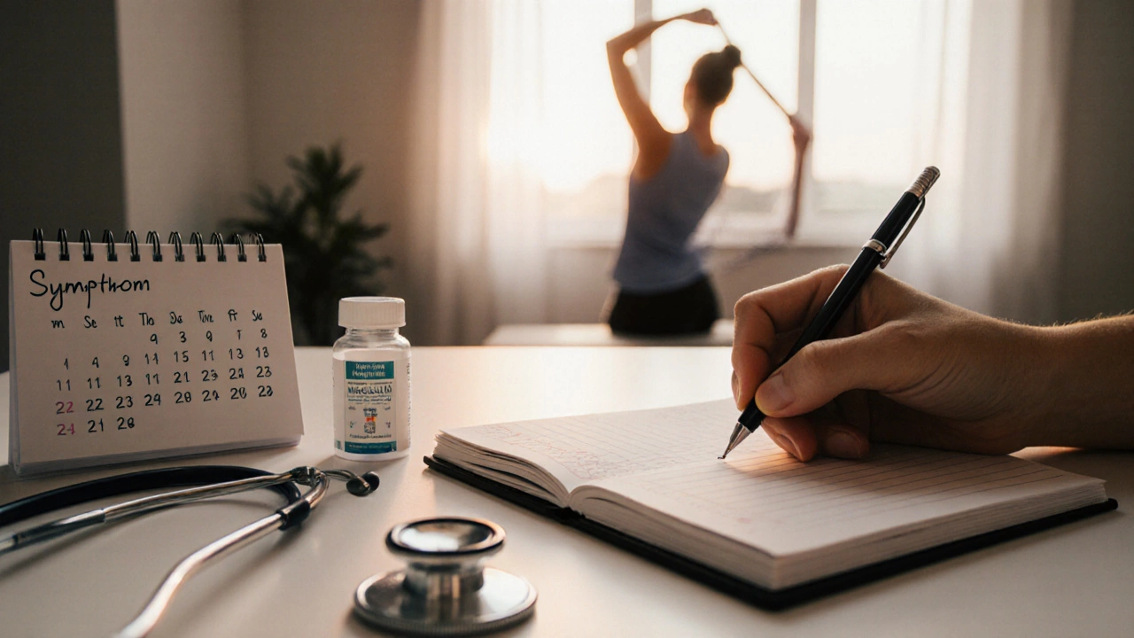 Hand writing a pain diary beside medical tools and therapist guiding gentle exercise.