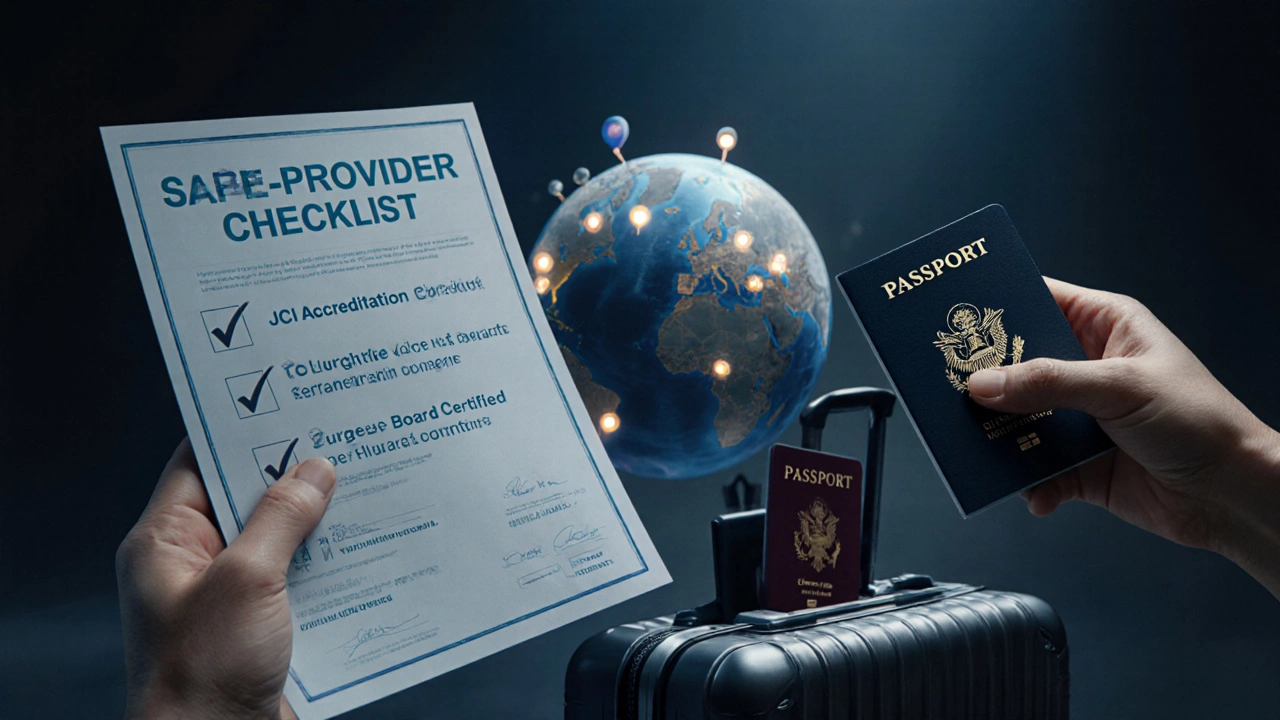 Hands holding accreditation certificate and suitcase with globe pins in background.