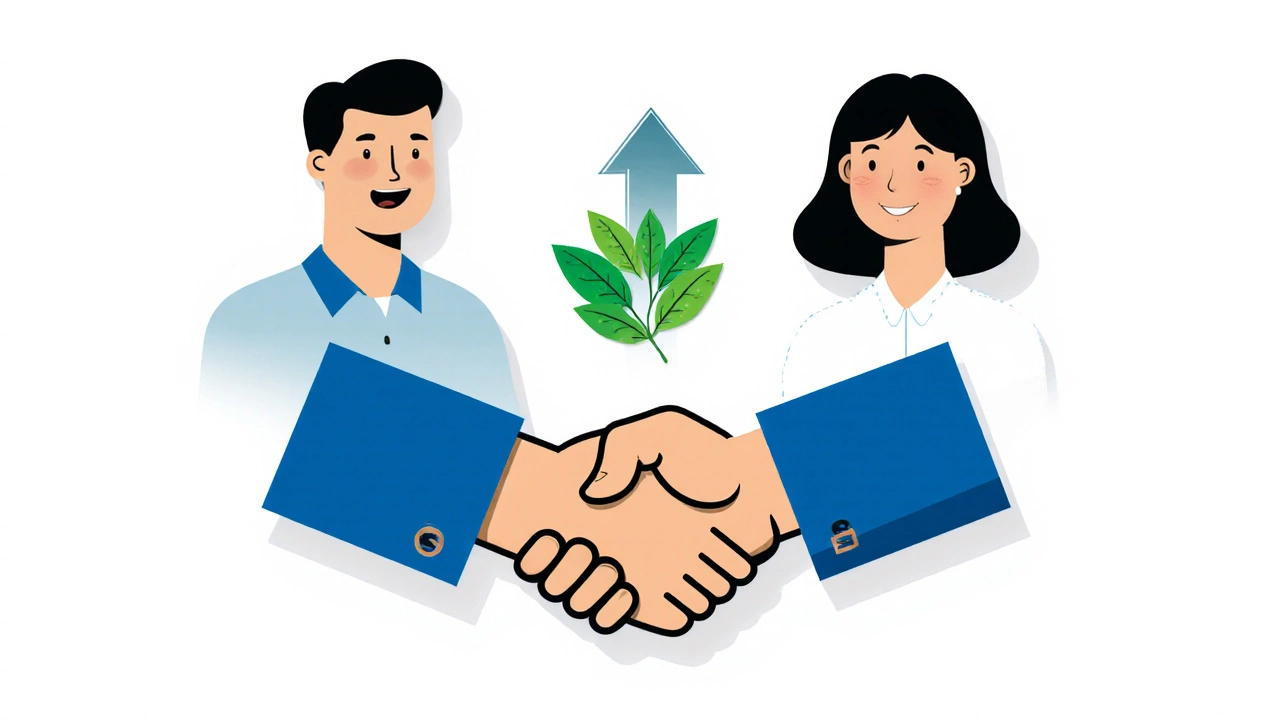 Handshake with green arrow and savings icon symbolizes a polite discount agreement.