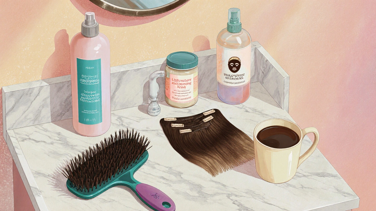 Home vanity with brush, sulfate‑free shampoo, heat protectant spray, and clip‑in extensions.