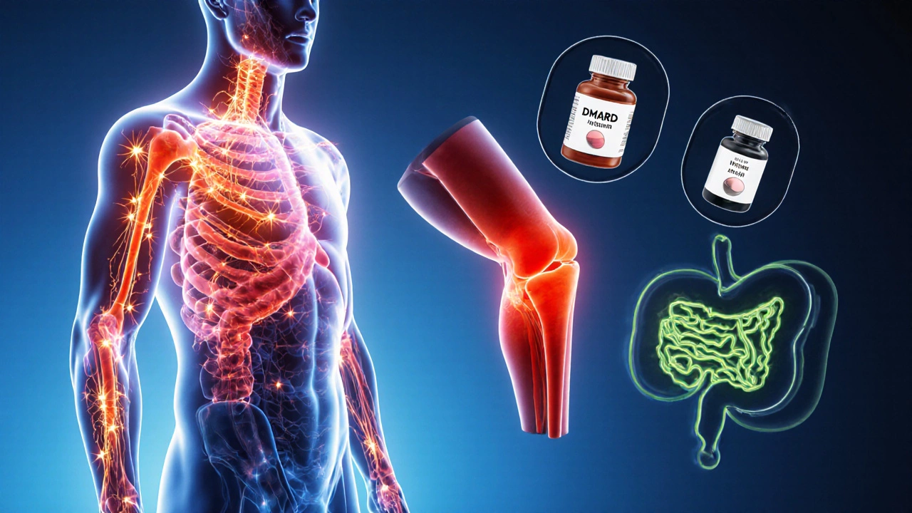 Illustrated body showing flaming nerves, inflamed joint, and cramping organ with medication icons.