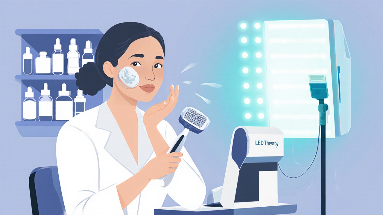 Illustration of dermatologist performing chemical peel, microdermabrasion, and LED therapy.