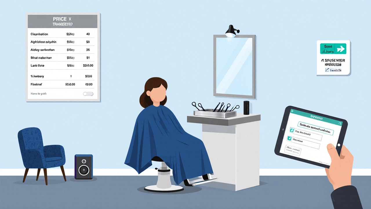 Illustration of tidy salon station with tablet questionnaire, clear price menu, and sanitised tools.