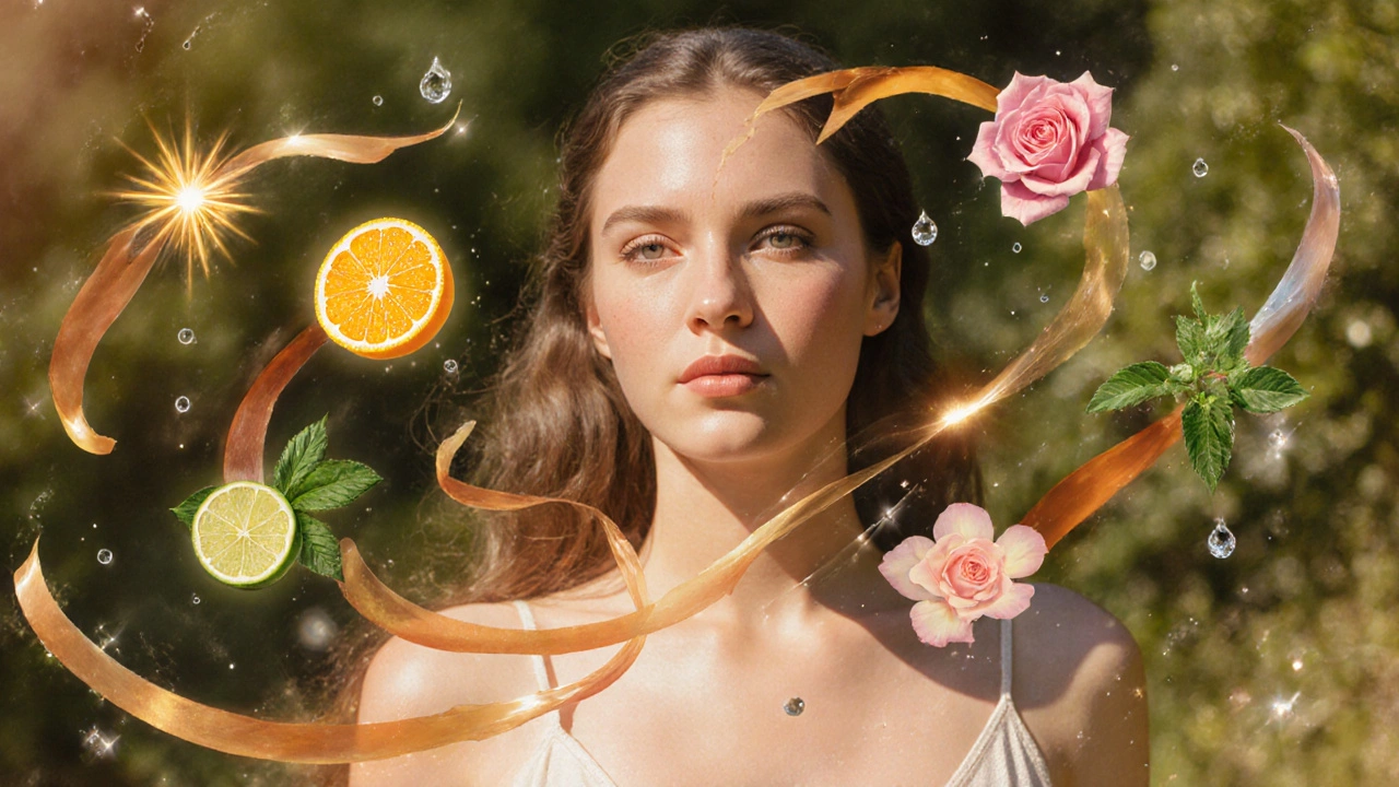Impressionistic garden portrait showing luminous skin surrounded by ingredient ribbons.