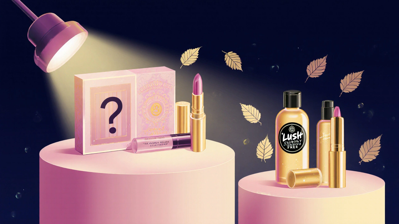 Makeup displays: Victoria's Secret unclear, The Body Shop and Lush glowing as cruelty‑free.