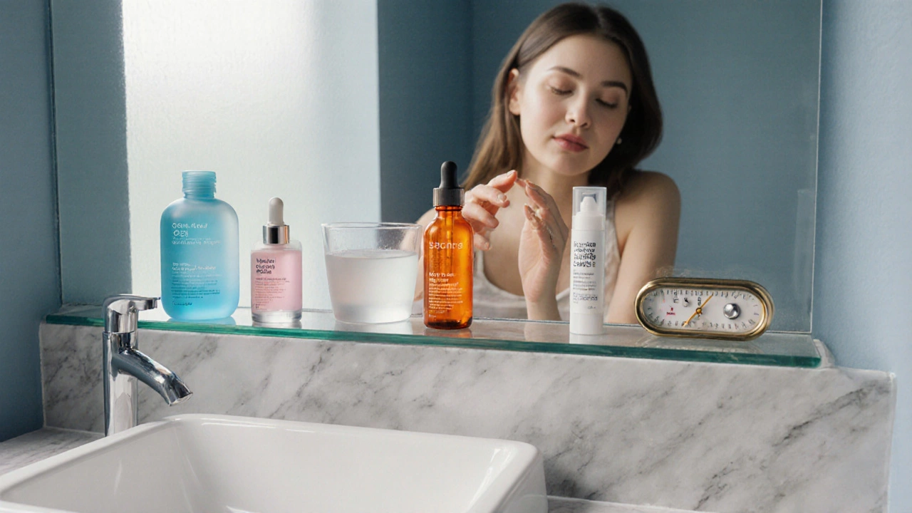 Morning bathroom vanity with six skincare products arranged in order of use.