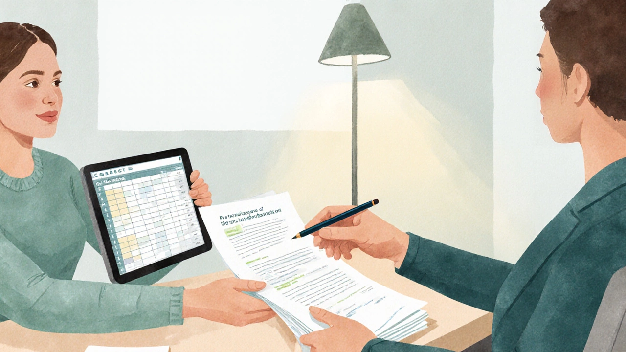 Negotiation scene with contract and tablet, showing calm discussion and offer exchange.