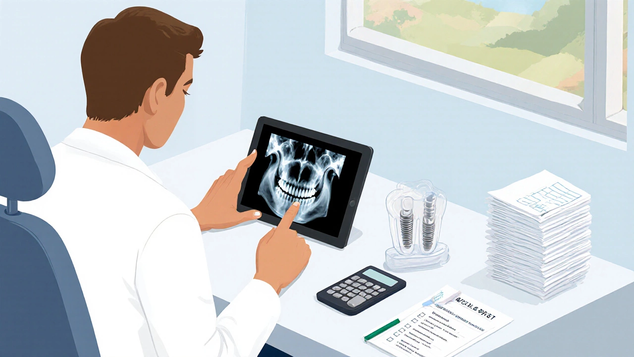Patient and dentist reviewing a 3‑D jaw scan with implant model and cost documents on a desk.