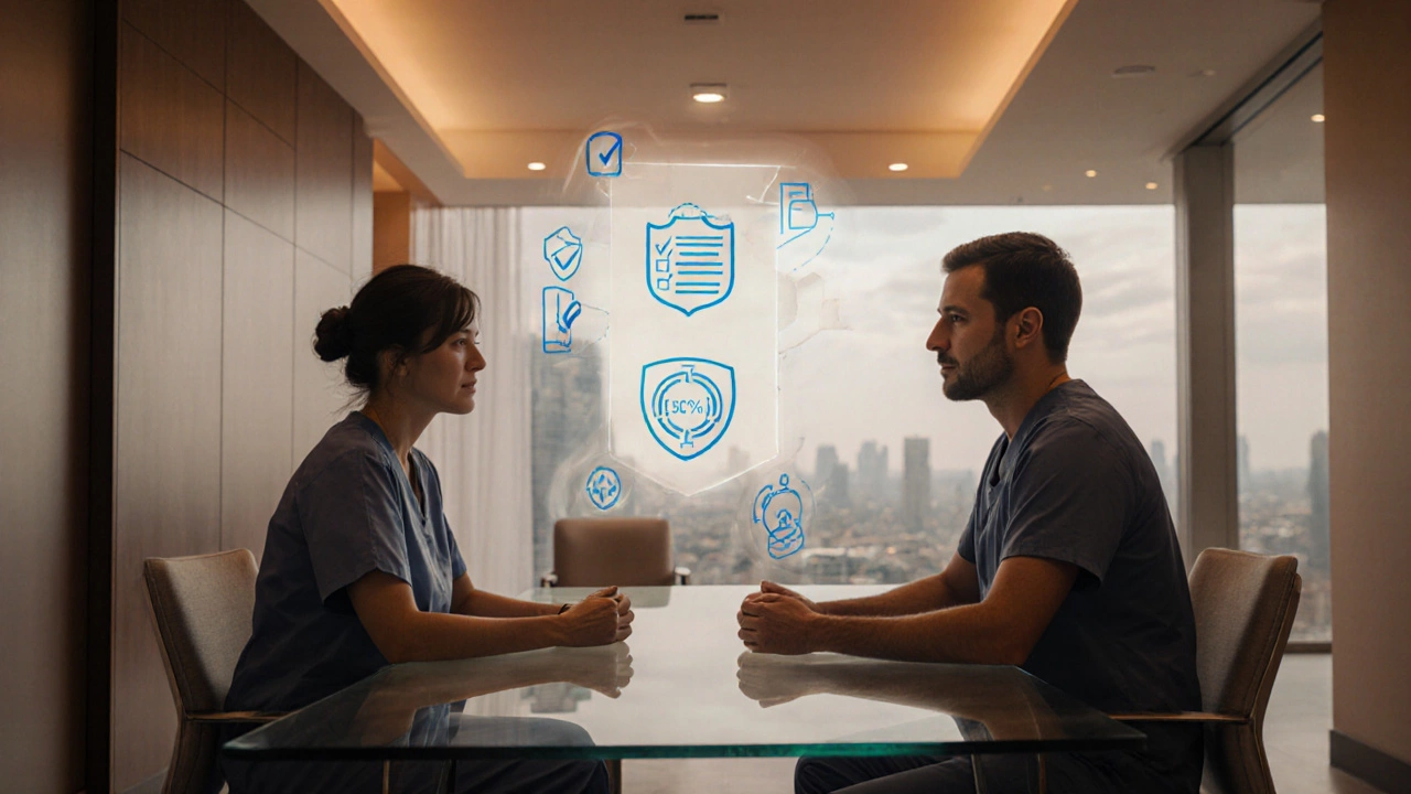 Patient and surgeon reviewing a checklist and cost overview in a modern clinic.