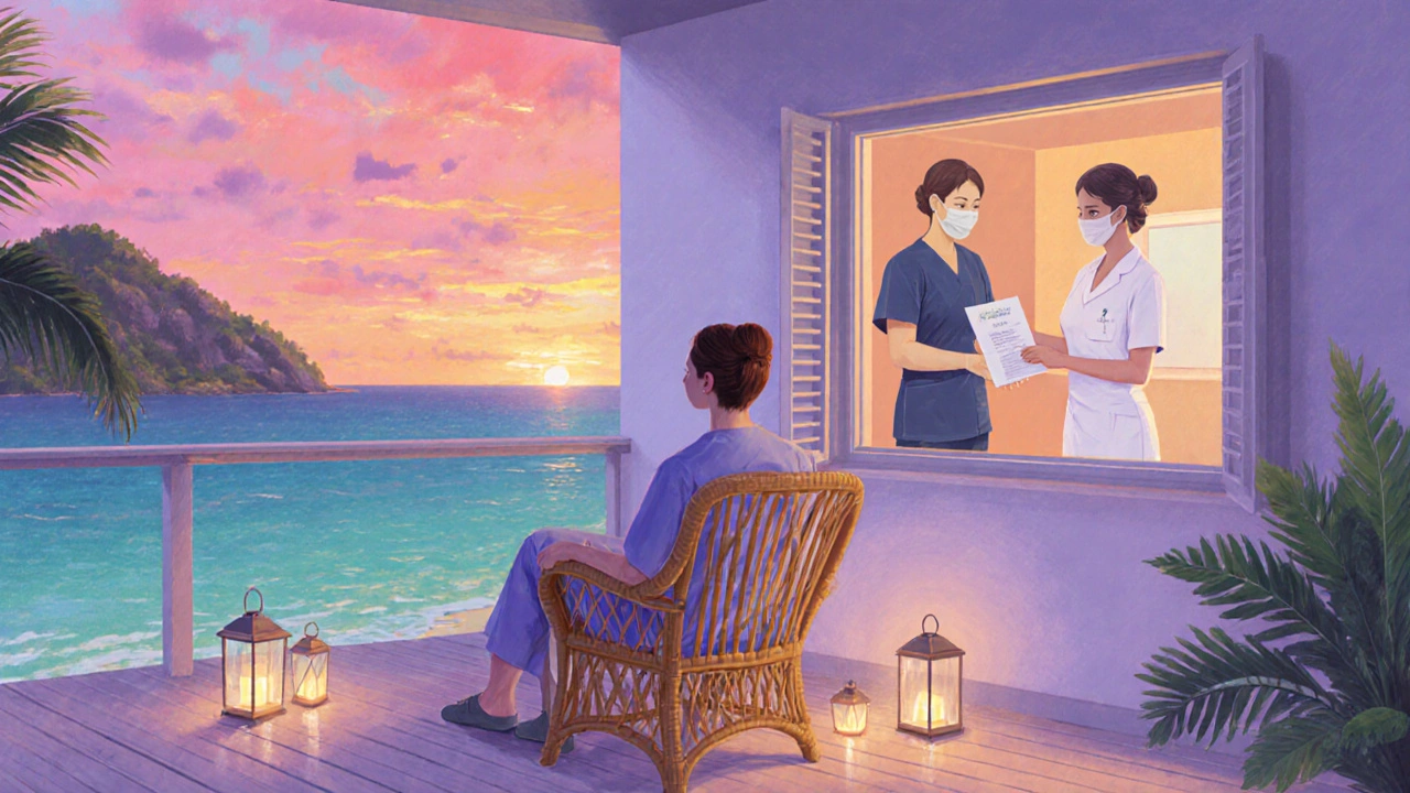 Patient relaxing on a beach resort balcony while a nurse hands a care booklet.