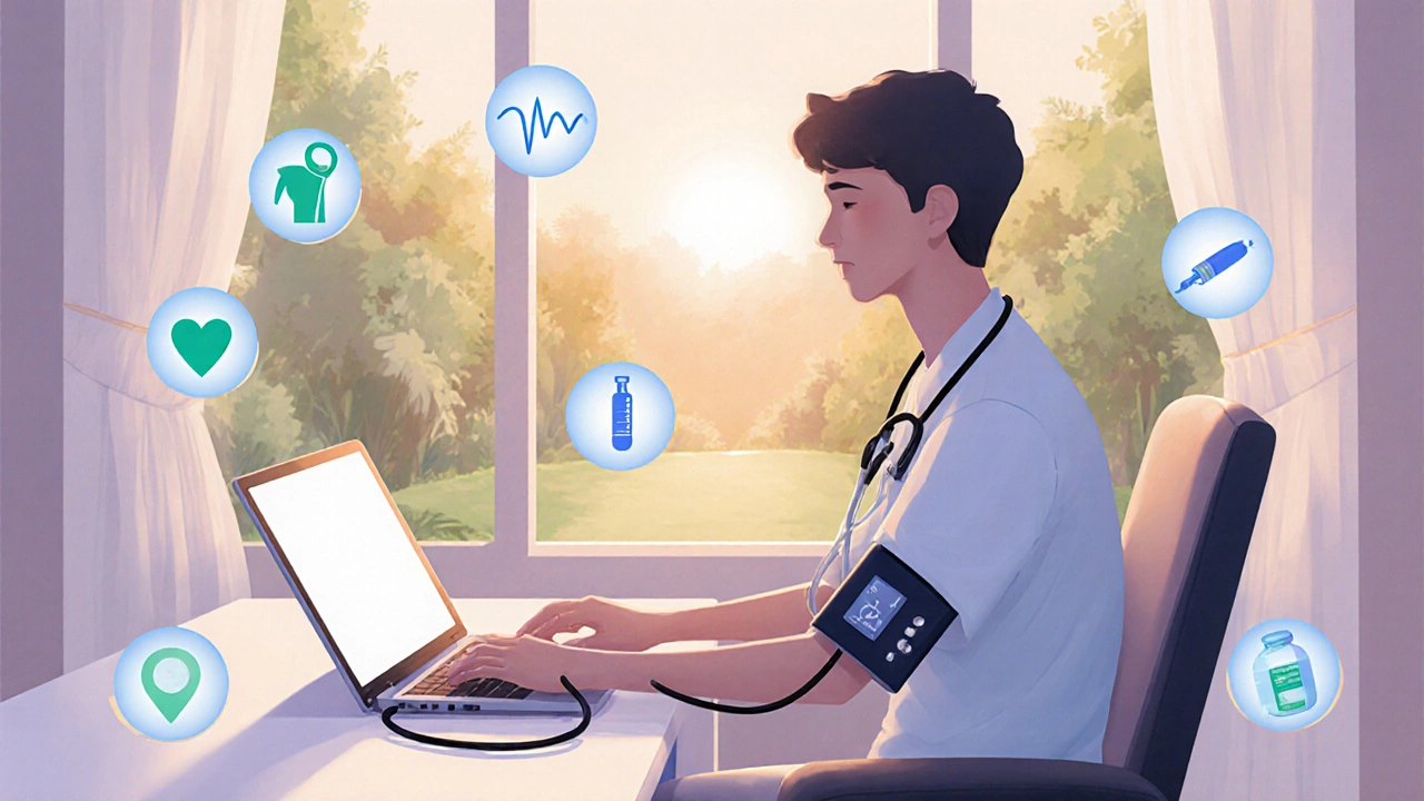 Person at home using telemedicine laptop and wearing a blood‑pressure cuff in a sunny room.
