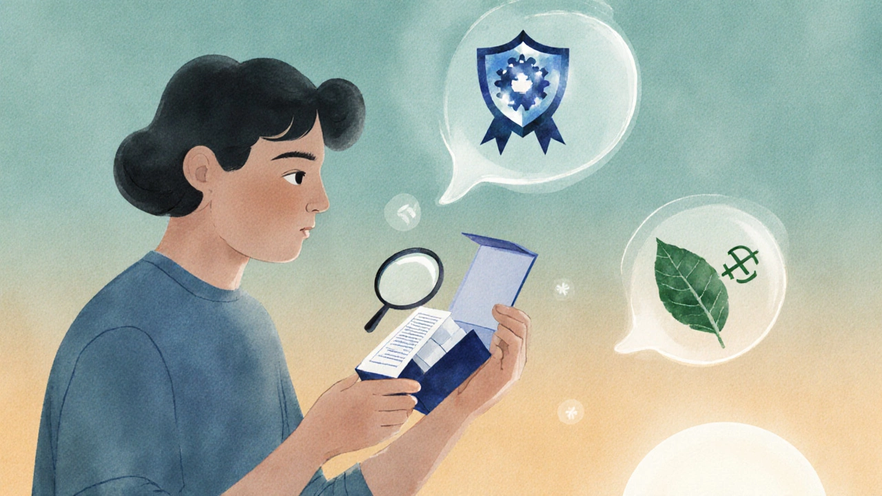 Person examining a skincare label with a magnifying glass, surrounded by safety and regulation icons.