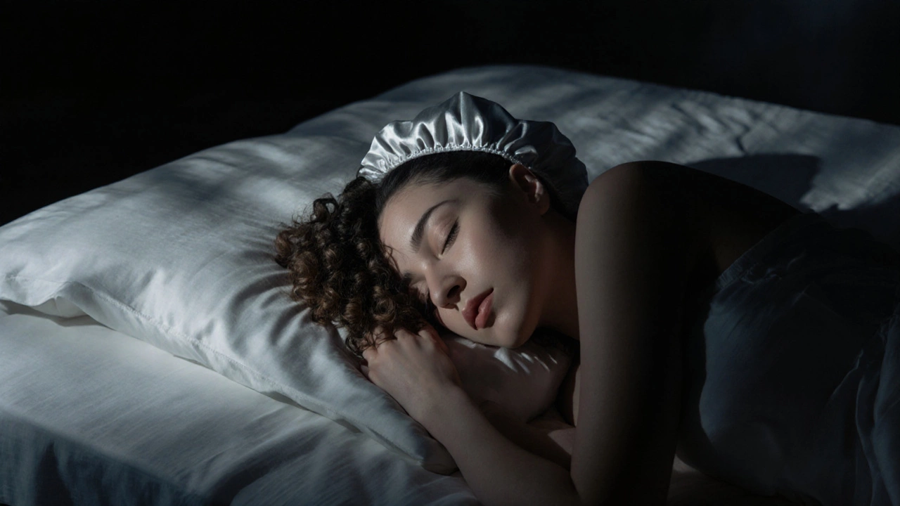 Person sleeping with curly hair in a pineapple updo under a satin bonnet.