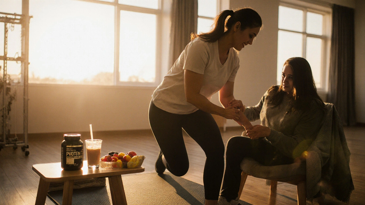 Physiotherapy session with patient exercising, therapist assisting, and nutrition items nearby.