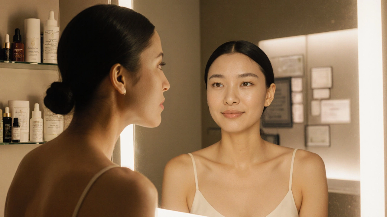 Radiant woman with flawless skin beside OTC products and clinic certificates.