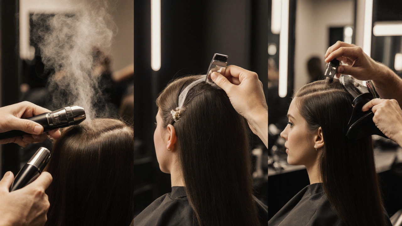 Salon workstation showing keratin‑bonded, tape‑in, and clip‑in hair extensions being applied.