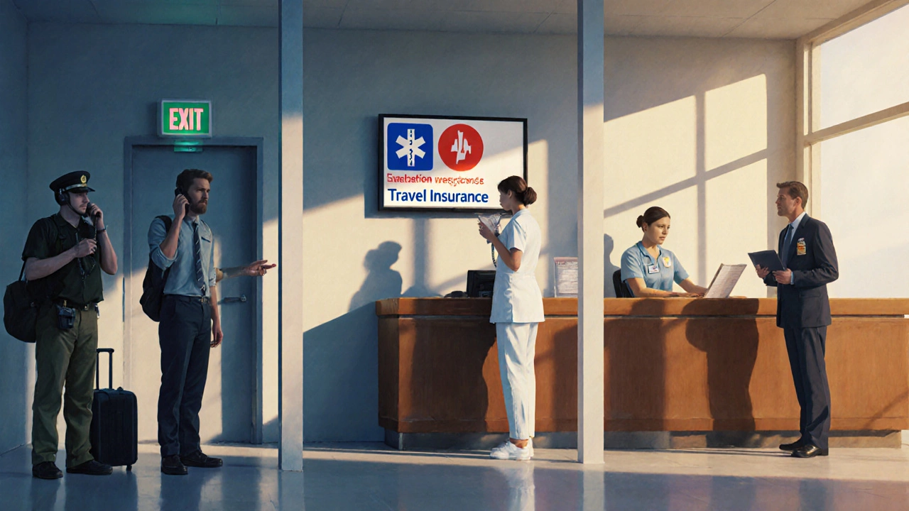Scene of traveler contacting insurance and embassy during a medical emergency.