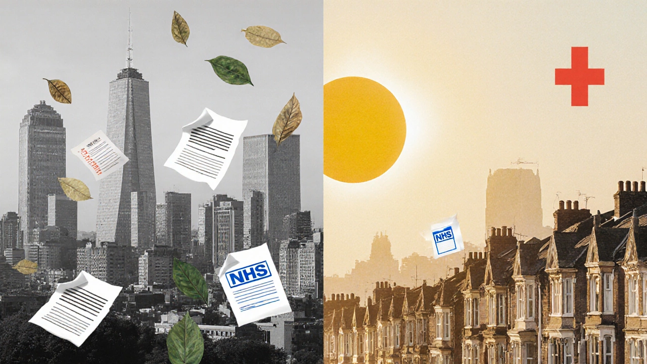 Split cityscape showing US and UK healthcare symbols under a rising sun.