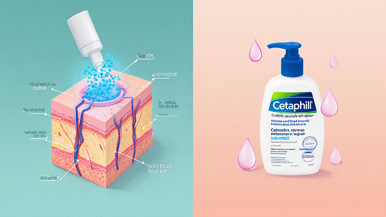 Split illustration shows CeraVe ceramides repairing skin barrier and Cetaphil soothing with gentle ingredients.