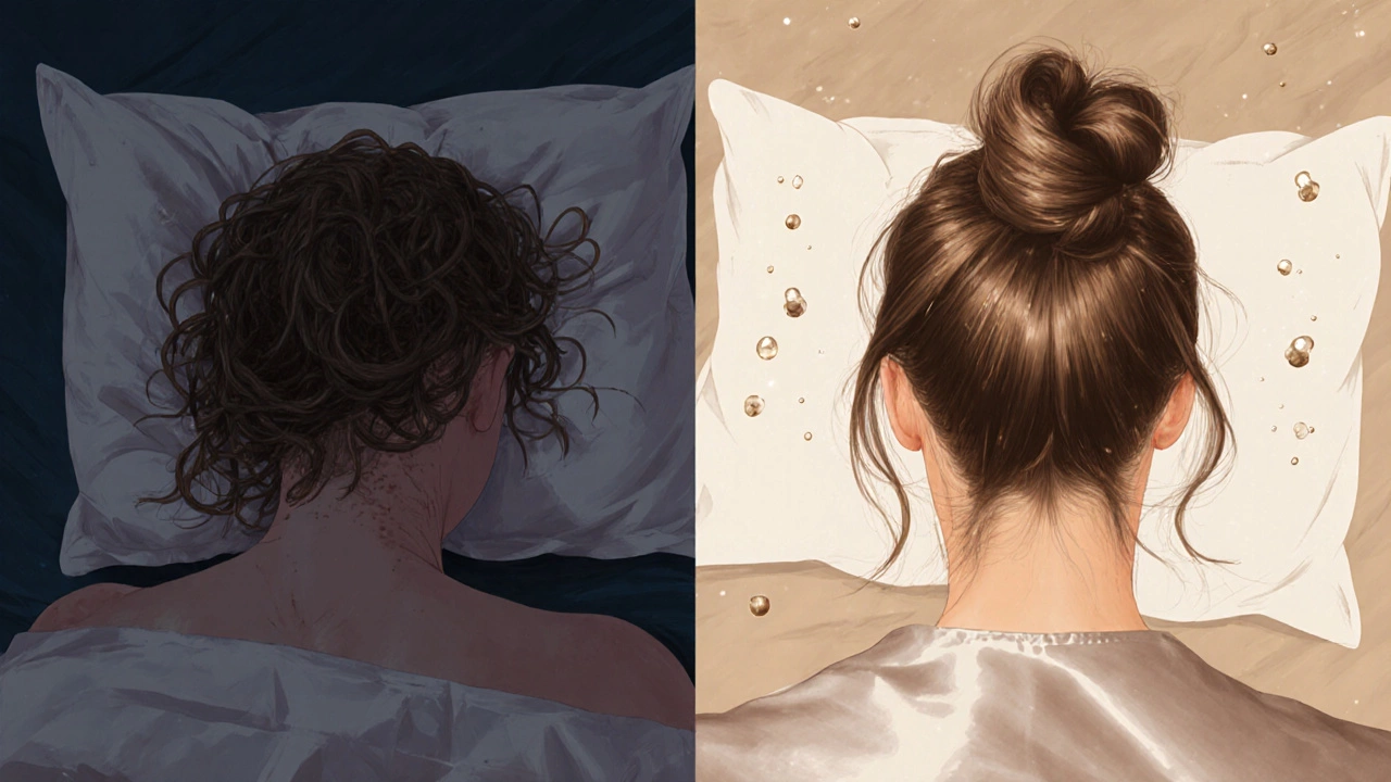 Split-night illustration showing greasy hair turning into clean, dry hair on a satin pillowcase.