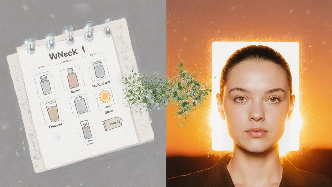 Split-screen showing a 30‑day calendar and before‑after glowing skin transformation.