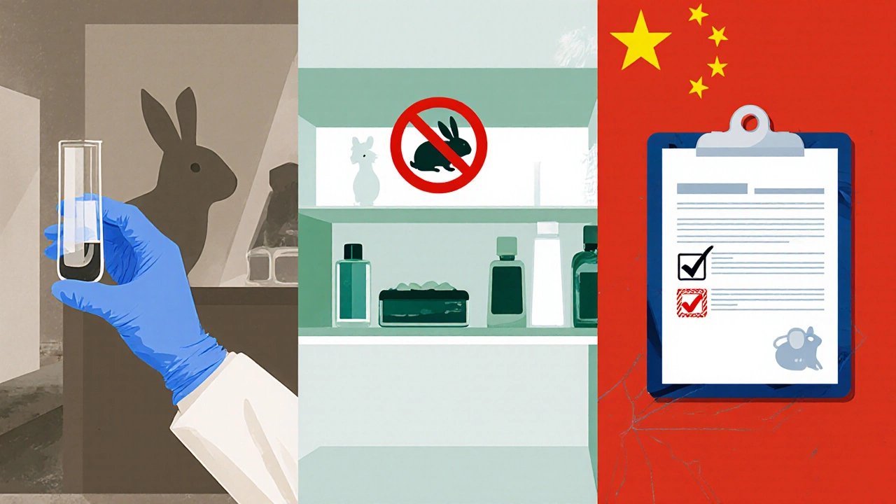 Three panels showing US lab testing, EU no‑animal icon, and Chinese market with testing paperwork.