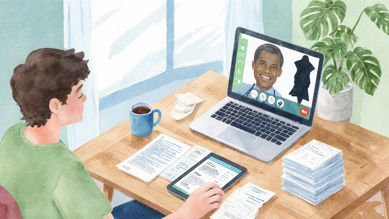 Traveler at home reviewing medical documents and video‑calling doctor.
