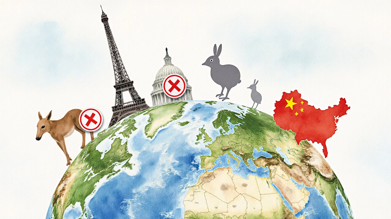Watercolor globe highlighting Europe, US, New Zealand, China with animal symbols.
