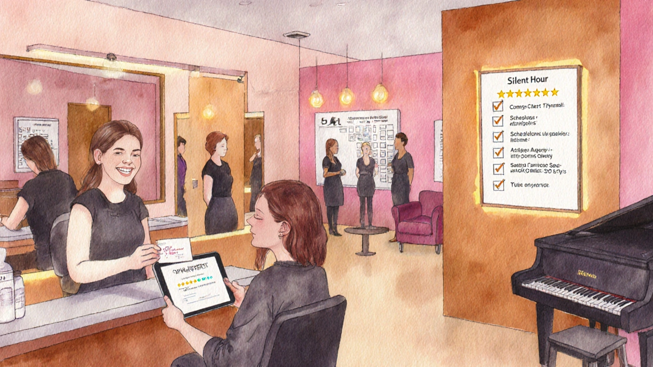Watercolor of happy salon scene with after‑care cards, feedback tablet, and quiet corner.