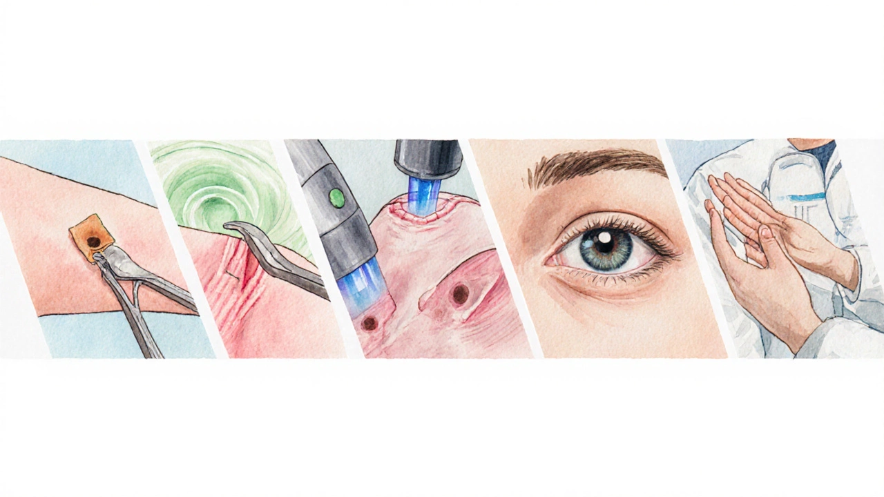Watercolor panels showing skin tag, cyst, mole, cataract, and carpal tunnel minor surgeries.