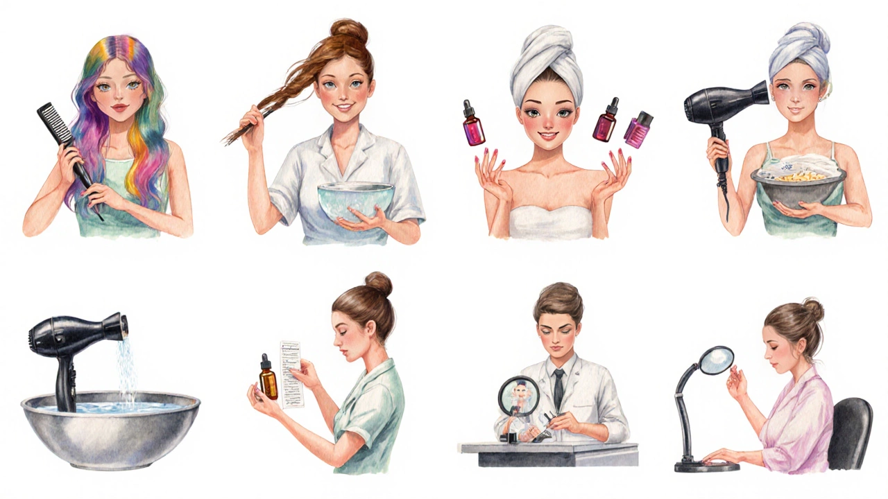 Watercolor strip showing eight salon professionals with their tools.