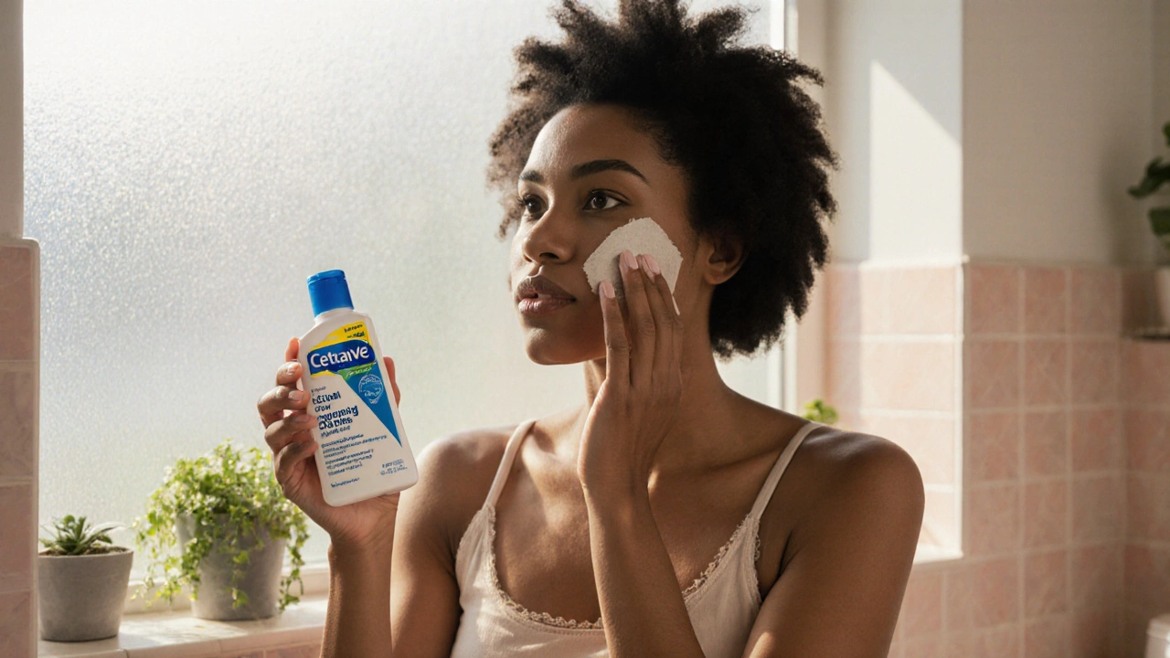 Woman applies CeraVe cream to dry skin and Cetaphil lotion to T‑zone in a bright bathroom.