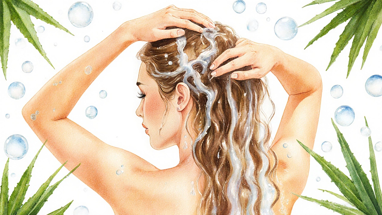 Woman gently detangling wet curly hair with fingers, surrounded by moisture and natural ingredients.