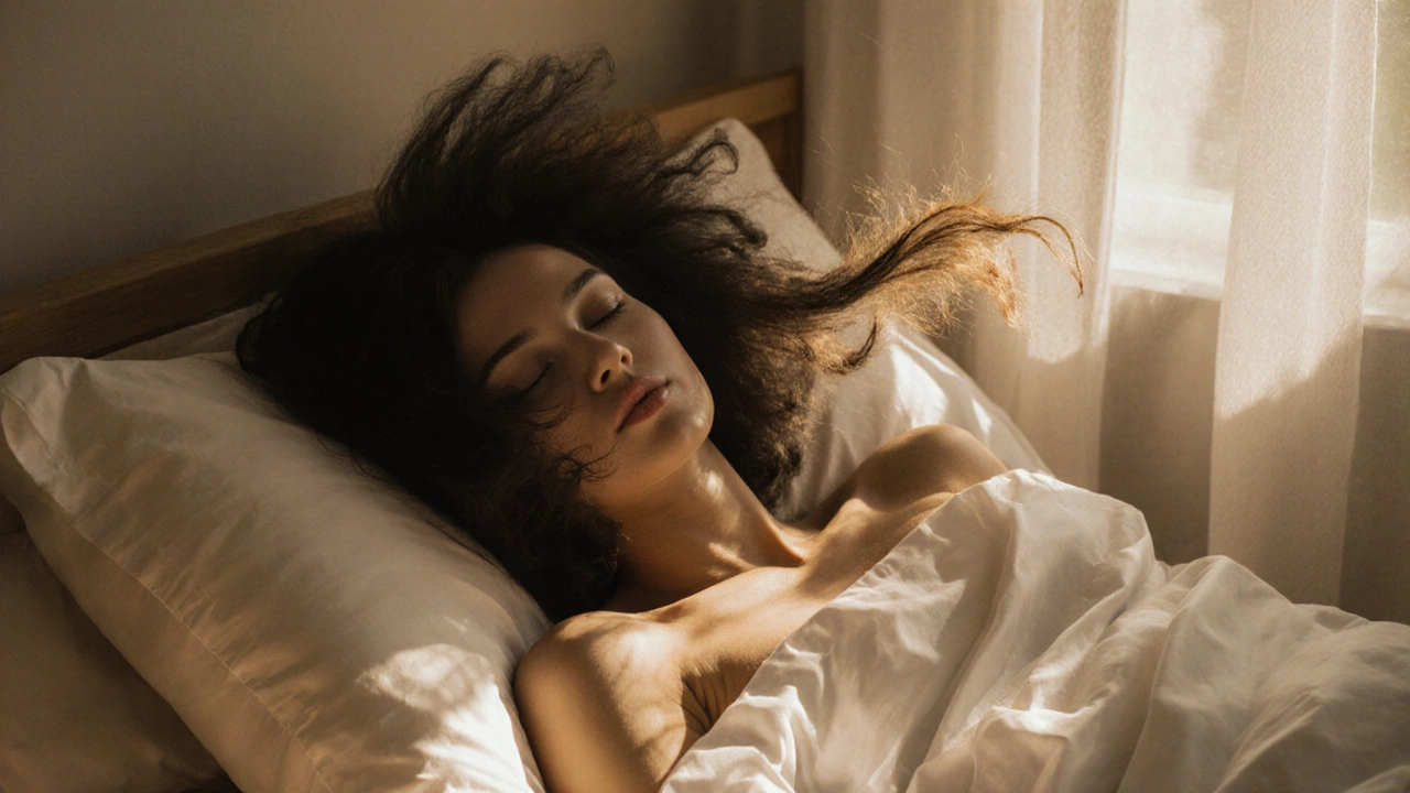 Woman waking up with voluminous, frizz-free hair and sunlight streaming through the window.