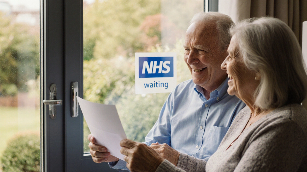 A couple smiling after private hospital discharge, with a garden view and distant NHS sign.