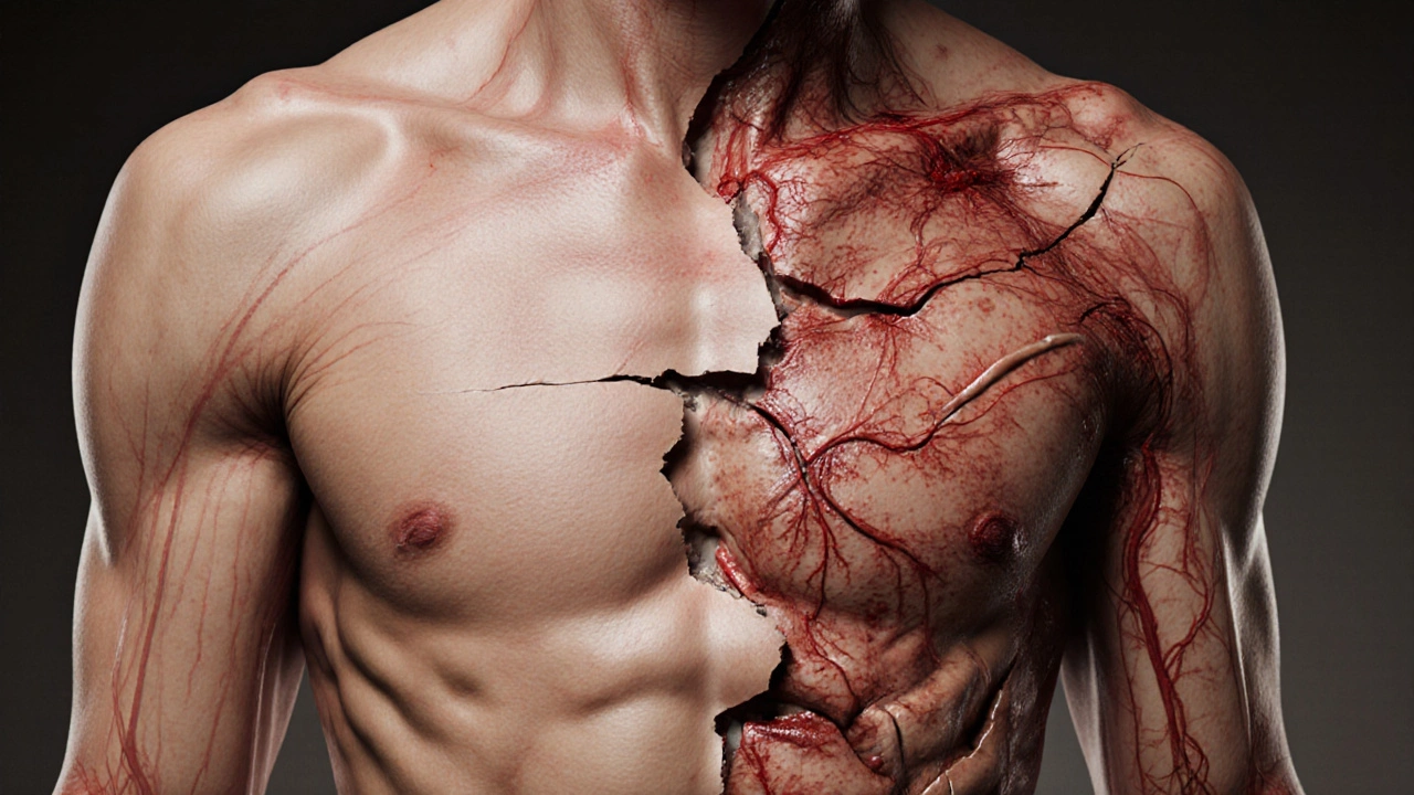 Abstract torso showing damaged fat layers and broken skin textures.