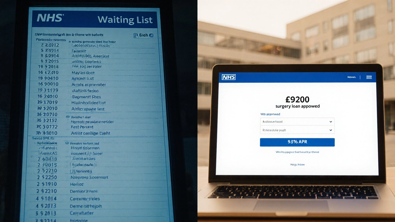 Contrasting NHS waiting list and approved medical loan payment screen.