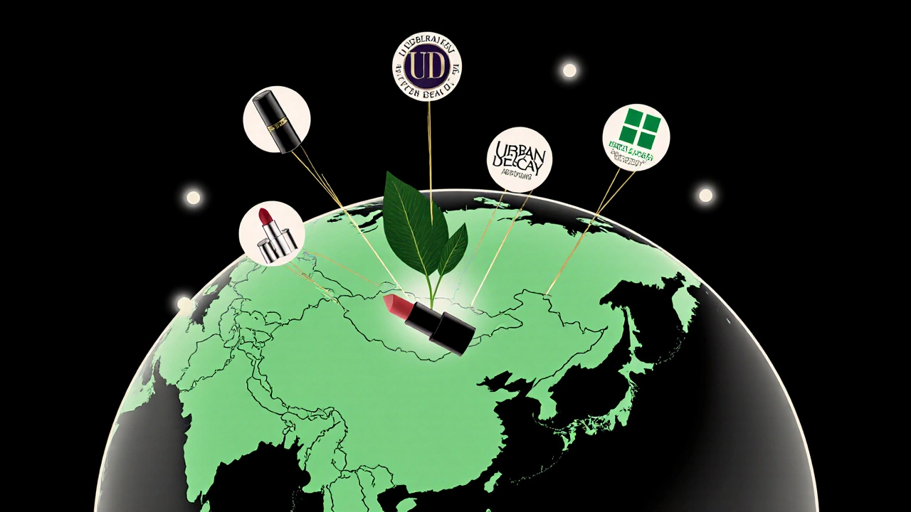 Globe showing cruelty-free regions in green, China in gray, with certified makeup brands connected by golden threads.