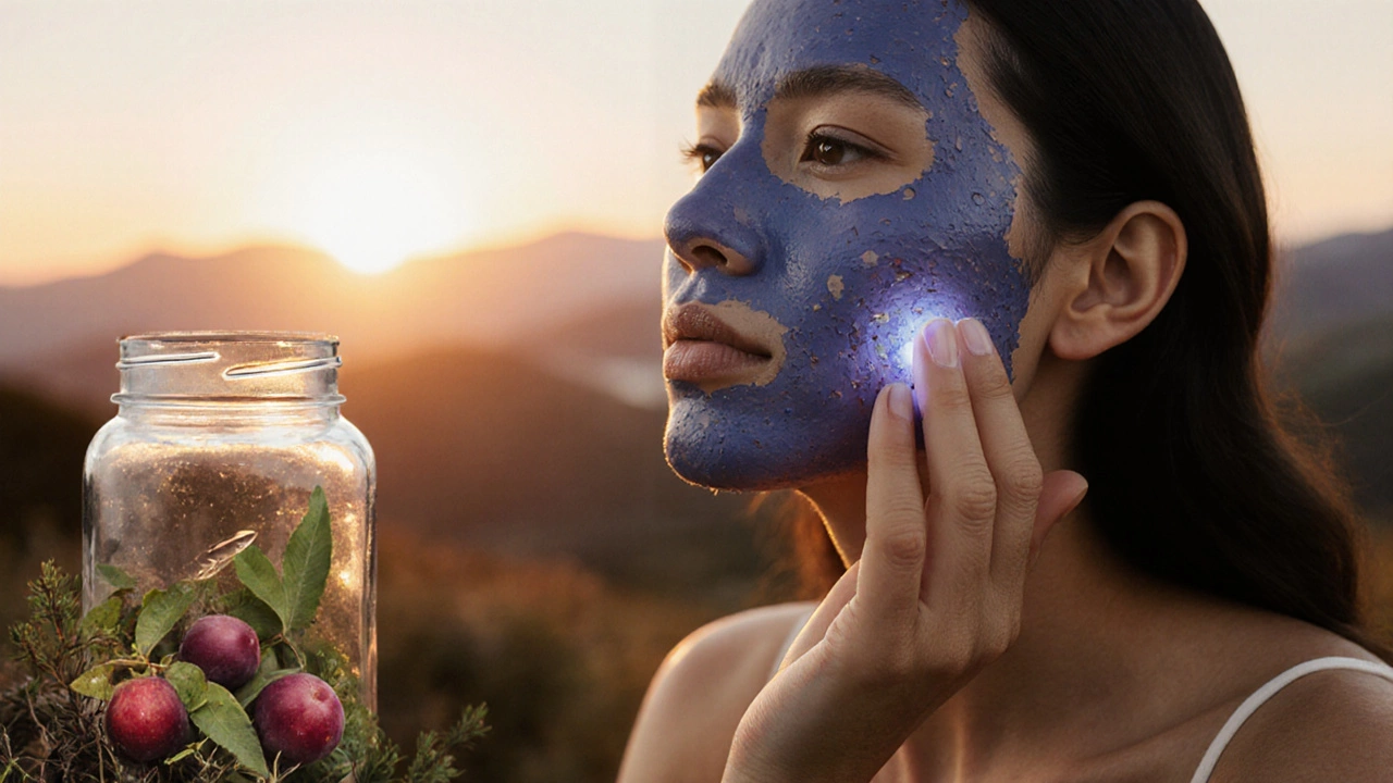 Hand applying a natural exfoliating mask with glowing particles rising from skin, representing renewal and vitality.