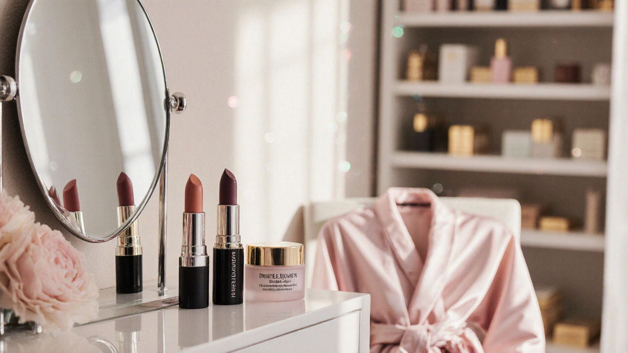 Luxury vanity with Charlotte Tilbury and Drunk Elephant products under soft morning light.