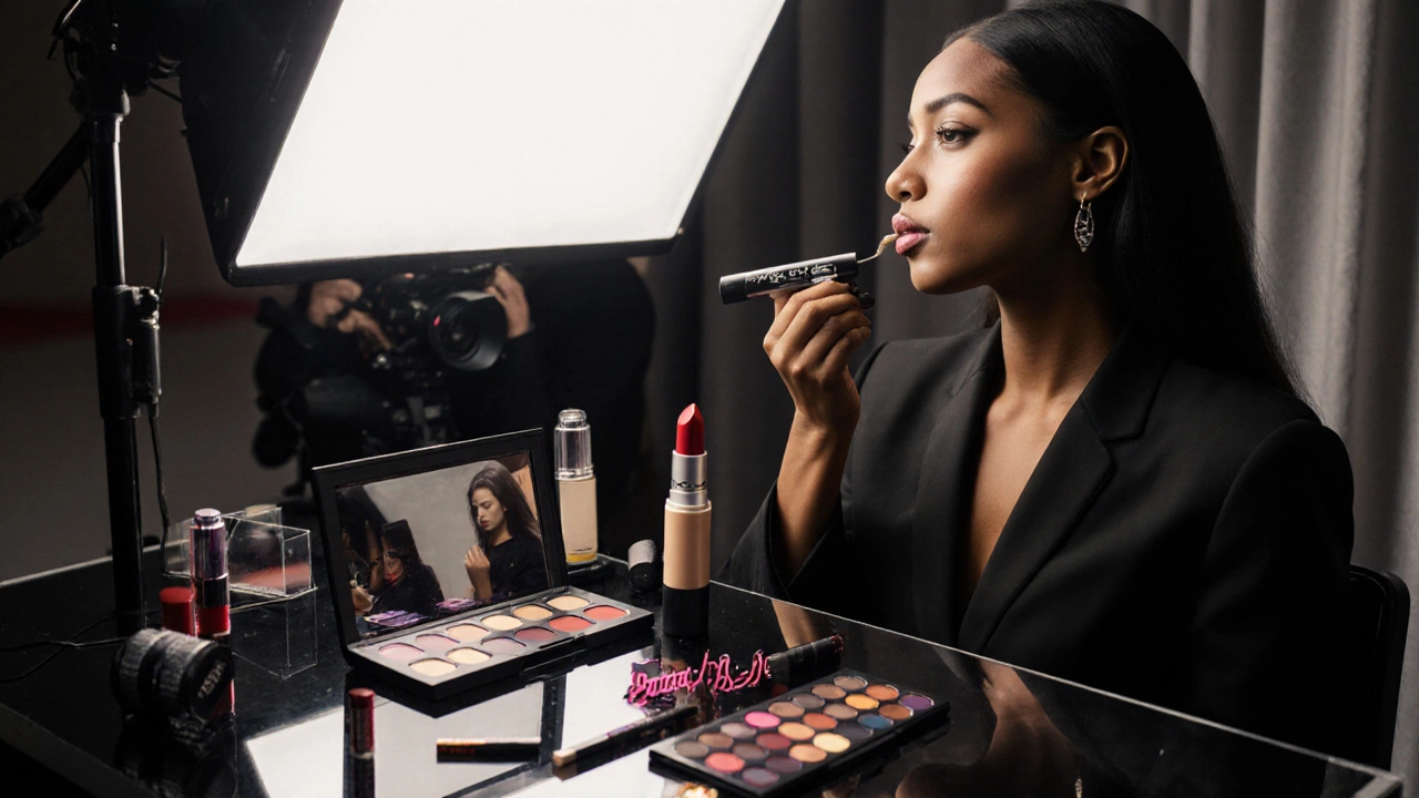 Makeup artist applying foundation to a model with MAC products scattered on a vanity.